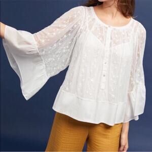 Anthropologie Akemi + Kin White Mesh Bell Sleeve Top